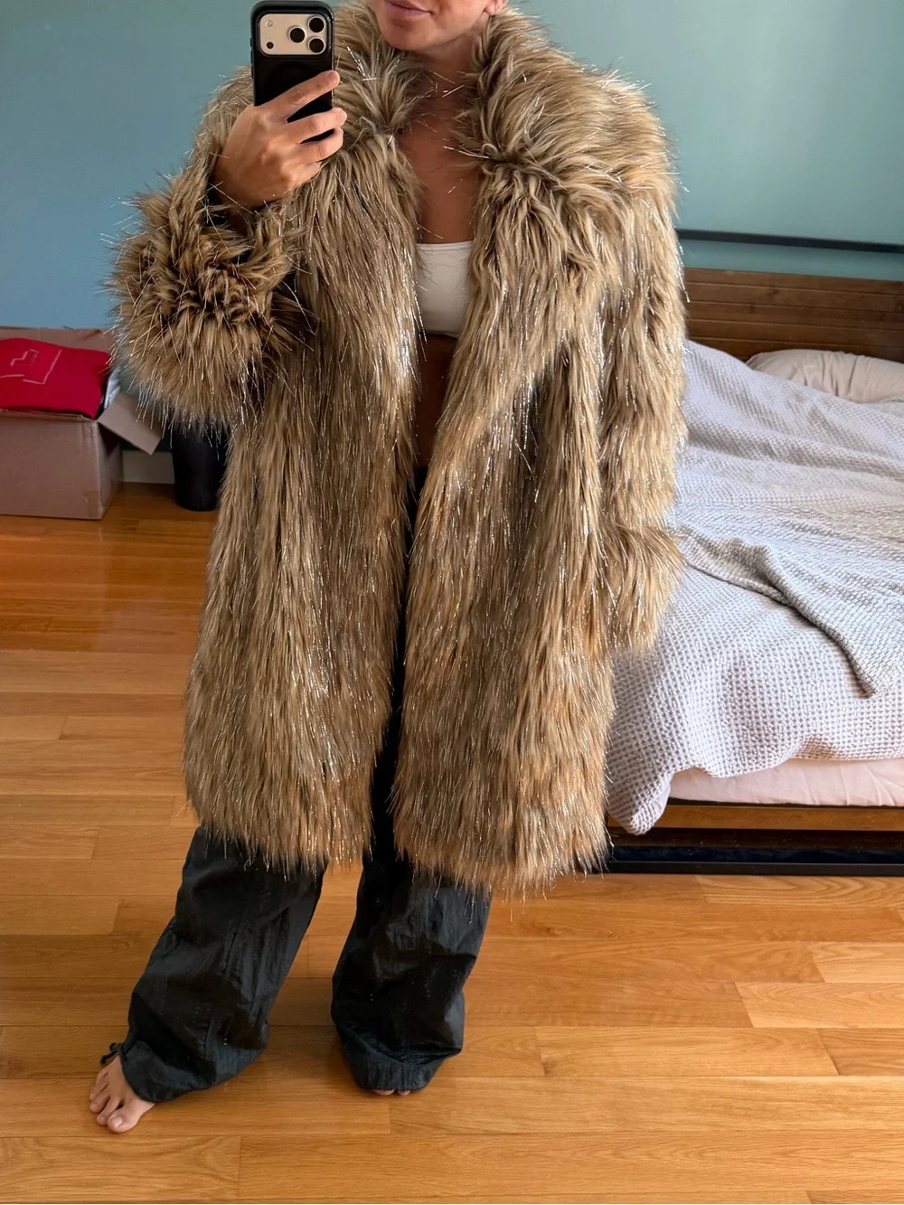Badgley Mischka Faux Fur Coat in Taupe and silver strands - Picture 1 of 4